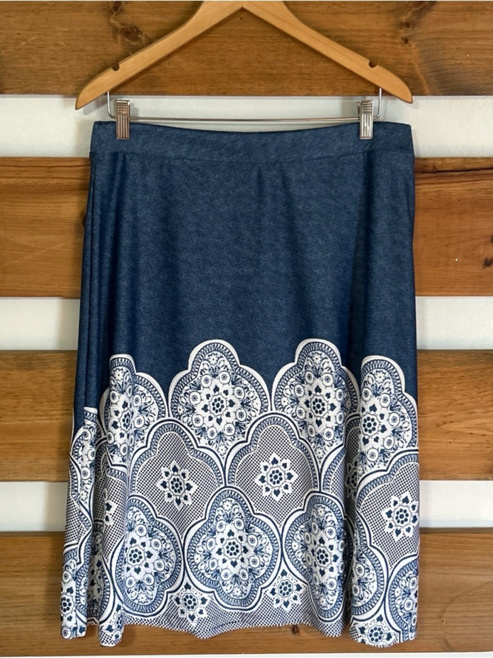 Cato A Line Flowy Midi Denim Colored w/White Floral Textured Accents Size M